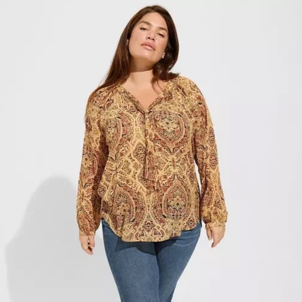 Torrid Paisley Tie-Neck Peasant Semi Sheer Blouse Medallion Multi Sz 2 US 2X
